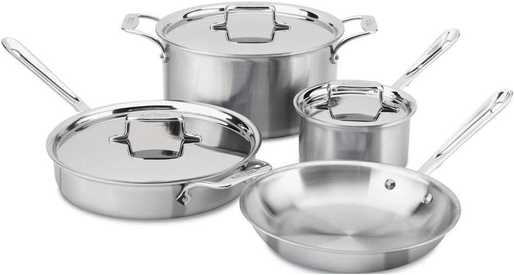 All-Clad BD005707-R D5 Polished 5-ply stainless steel 7-piece cookware set including pots, pans, and lids on white background