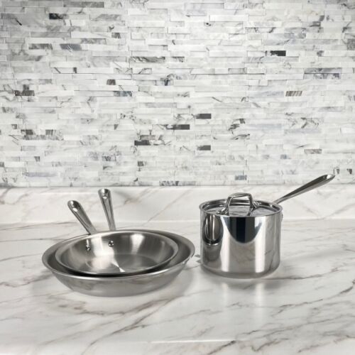 All-Clad D3 Stainless Steel 10 & 12 Inch Fry Pans with All-clad 2-qt sauce Pan