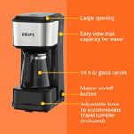 KRUPS Simply Brew Coffee Maker - Multi-Serve 4-in-1 with Stainless Steel Travel Tumbler, Black, 14oz