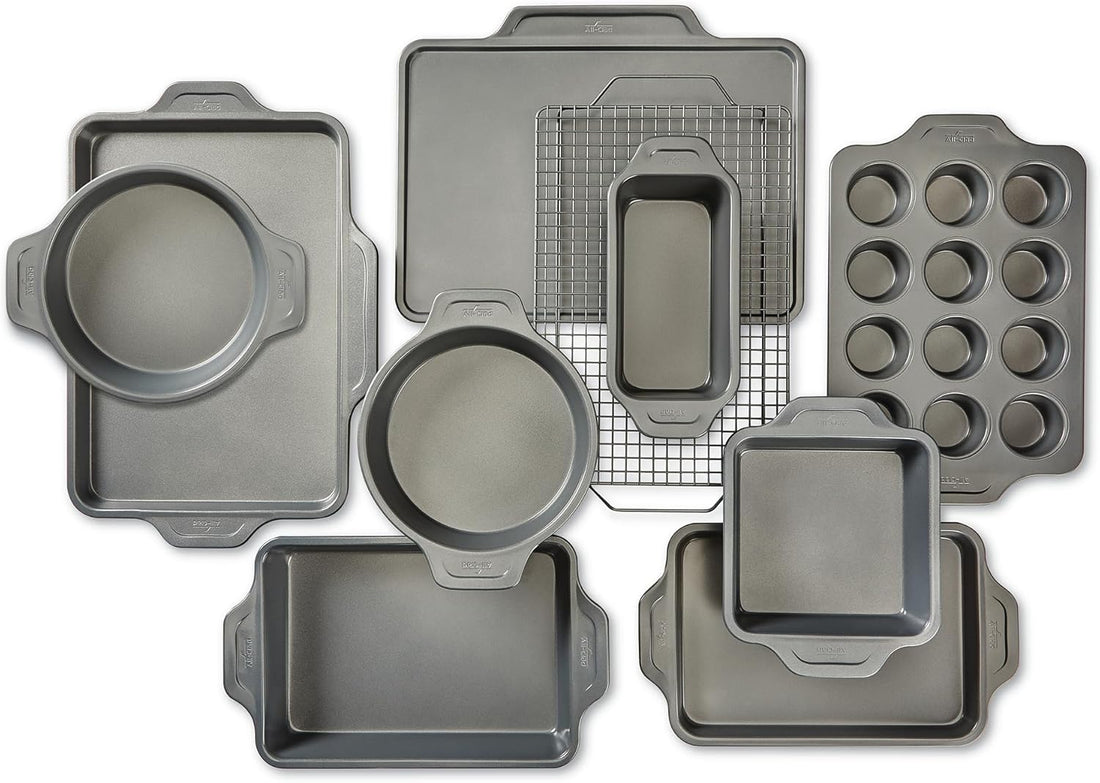 All-Clad Pro-Release Nonstick Bakeware Set 10 Piece Oven Safe 450F Half Sheet, Cookie Sheet, Muffin Pan, Cooling & Baking Rack, Round Cake Pan, Loaf Pan, Bafile:///C:/Users/Brad%20Kretz/Downloads/71vEAkevvmL._AC_SL1500_.jpgking Pan Grey
