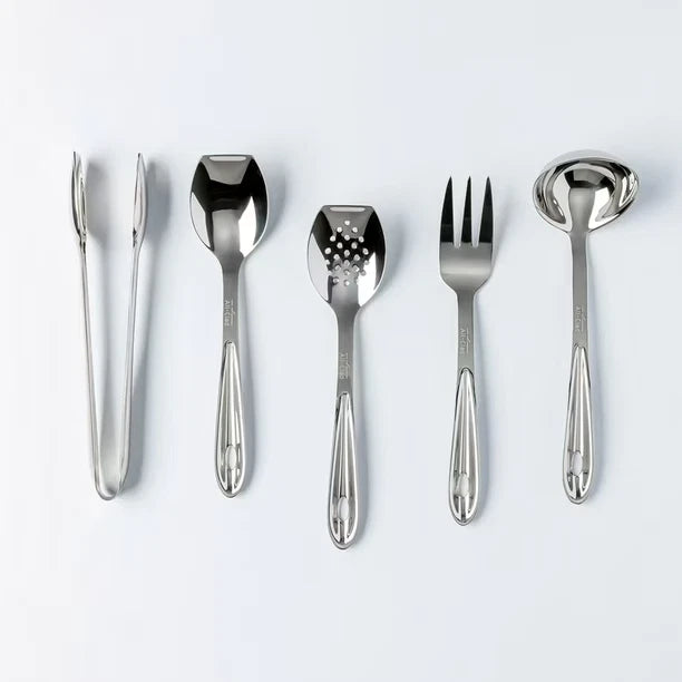 All-Clad 5-piece stainless steel serving utensil set including slotted spoon, solid spoon, fork, ladle, and tongs on white