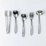 All-Clad 5-piece stainless steel serving utensil set including slotted spoon, solid spoon, fork, ladle, and tongs on white