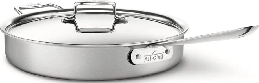 All-Clad BD55406 D5 Brushed Stainless Steel 6-quart saute pan with stainless lid on white background