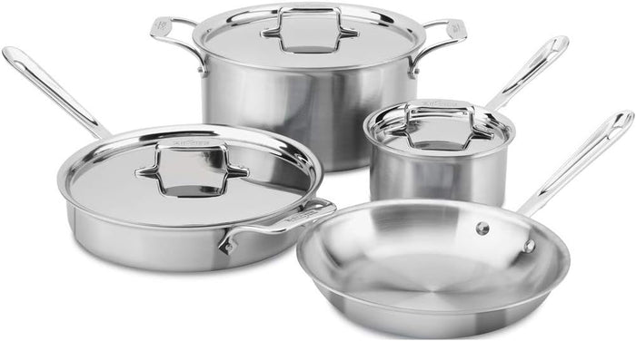 All-Clad BD005707-R D5 Polished 5-ply stainless steel 7-piece cookware set including pots, pans, and lids on white background