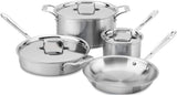 All-Clad BD005707-R D5 Polished 5-ply stainless steel 7-piece cookware set including pots, pans, and lids on white background