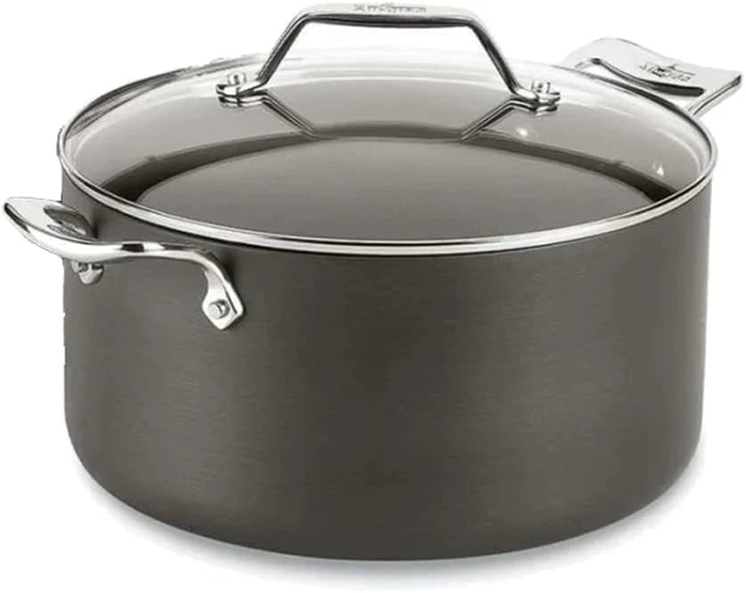 All-Clad H911S374 Essentials Nonstick 7-qt Stock Pot with tempered glass lid on white background