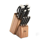 All-Clad Forged Knives 12-Piece Knife Block Set displayed with wood storage block and full assortment of forged blades