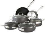 All-Clad HA1 10-piece hard anodized nonstick cookware set including pots, pans, and lids on white background
