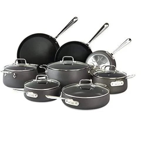 All-Clad E785SB64 HA1 Hard Anodized Nonstick 13-Piece Cookware Set displayed on white background