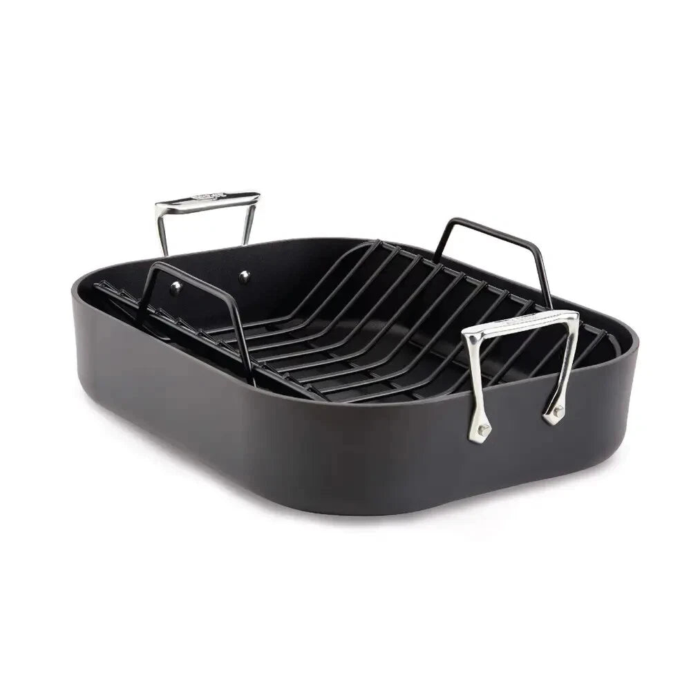 All-Clad HA1 hard anodized nonstick roasting pan with stainless steel V-rack, 13 by 16 inches
