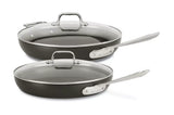 All-Clad HA1 10 and 12 inch hard anodized nonstick fry pans with matching lids on white background