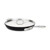 All-Clad NS1 Pro Nonstick 12 inch fry pan shown with tempered glass lid on white background