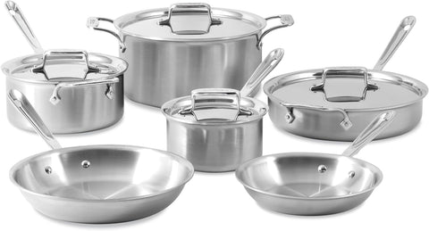 All-Clad D5 5-Ply Brushed Stainless Steel Cookware Set 10 Piece, Induction, Oven Broiler Safe 600F, Kitchen Cooking Set w/ Frying Pans, Sauce Pans, Sauté Pan and Stockpot, Pots and Pans Set, Silver