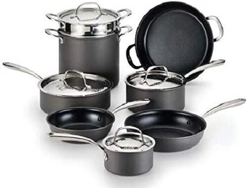 Lagostina Nera Hard Anodized Nonstick 12-Pc Cookware Set-Hammered Stainless Lids