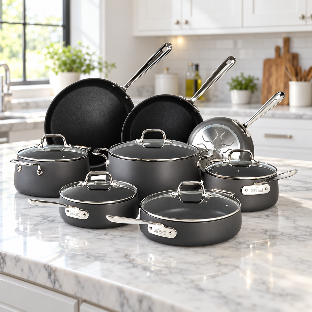 A 13-piece nonstick All-Clad cookware set in matte black with silver metal handles and glass lids, arranged on a white marble kitchen countertop with white cabinets and a window in the background.