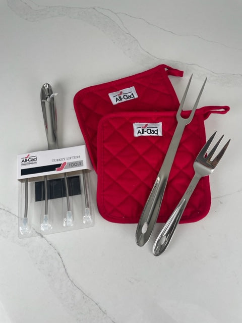 All-Clad SS Turkey Lifters, Carving Fork, Severing Fork & All-clad Pot Holders