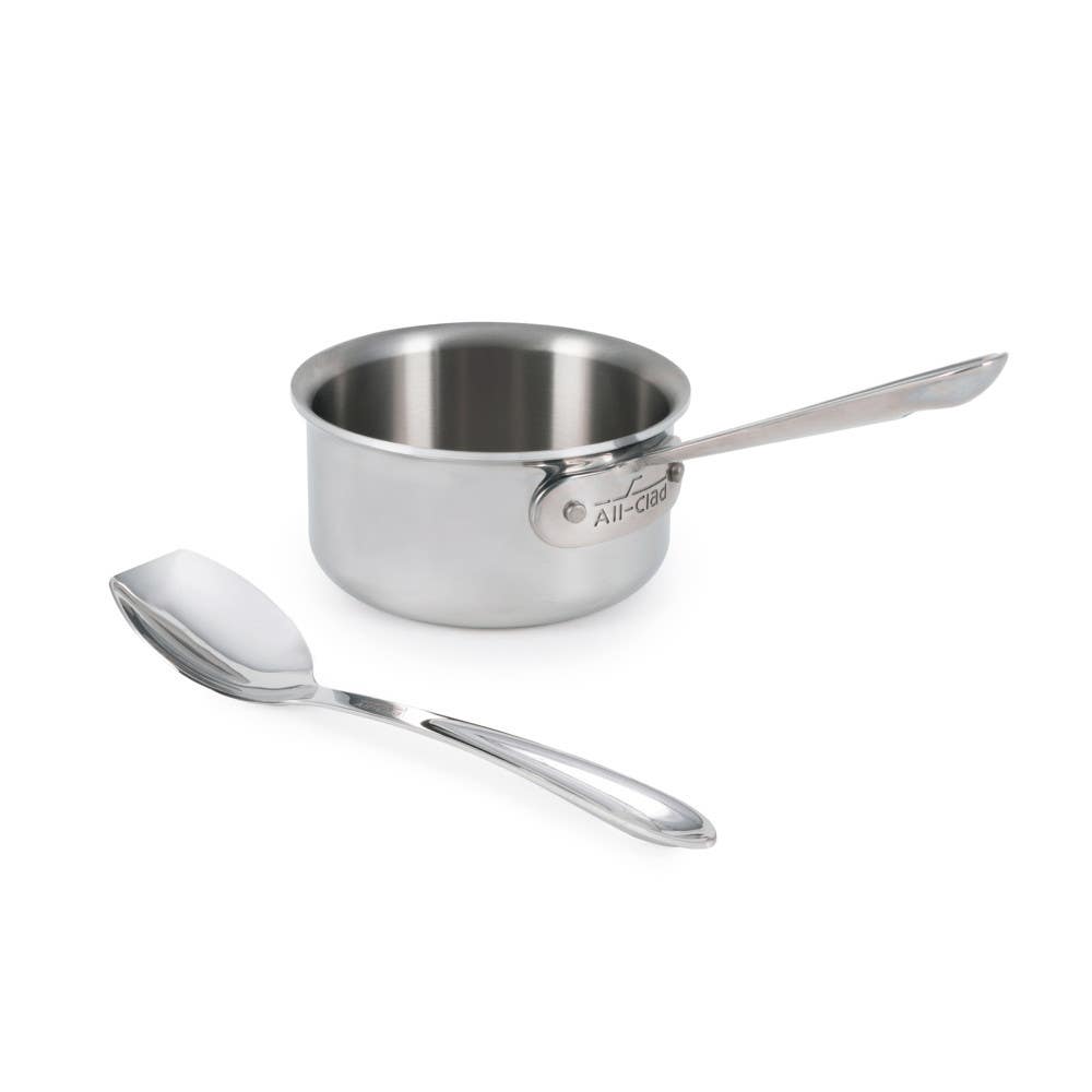 All-clad D3 Stainless 3-ply Bonded 1- qt Saucepan with Solid Spoon.