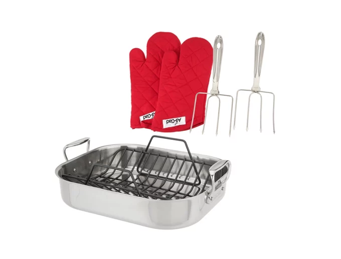 Large 16 X 13-inch roasting pan with removable V-shaped nonstick roasting rack holds up to 20-lbs with All-clad Mitts and Turkey Forks