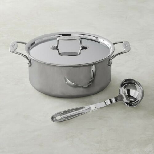 All-Clad D55508 D5 Polished 5-Ply 8-qt Ultimate Soup Pot with ladle.
