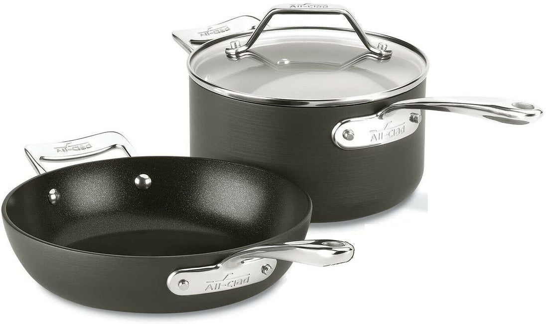 All-Clad Essentials Nonstick 2.5 sauce Pan and 8.5 Inch Fry set AND All-Clad Essentials Nonstick 2.5 sauce Pan and 8.5 Inch Fry set AND All-Clad Professional Stainless Steel Kitchen Tool Set, 5-Piece, Non-stick utensils