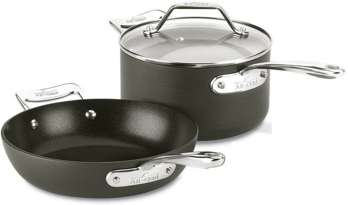 All-Clad Essentials Nonstick 2.5 sauce Pan and 8.5 Inch Fry set AND All-Clad Essentials Nonstick 2.5 sauce Pan and 8.5 Inch Fry set AND All-Clad Professional Stainless Steel Kitchen Tool Set, 5-Piece, Non-stick utensils