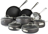 All-Clad HA1 E100SB64 13-piece nonstick cookware set with fry pans, saucepans, sauté pan, soup pot, and stockpot on white