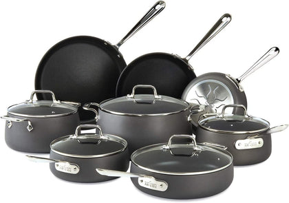 All-Clad HA1 E100SB64 13-piece nonstick cookware set with fry pans, saucepans, sauté pan, soup pot, and stockpot on white