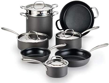 Lagostina Nera Hard Anodized Nonstick 12-Piece Cookware Set with Hammered Stainless Steel Lids ,Grey