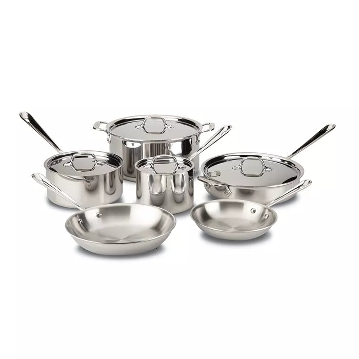 All-clad D3 Stainless Cookware Set, Professional Grade, 10-Piece AND All-Clad Professional Stainless Steel Kitchen Tool Set, 6-Piece, Silver