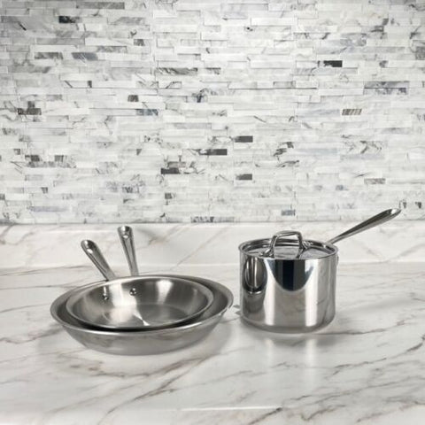 All-Clad D3 Stainless Steel 8 & 10 Inch Fry Pans with All-clad 2-qt sauce Pan
